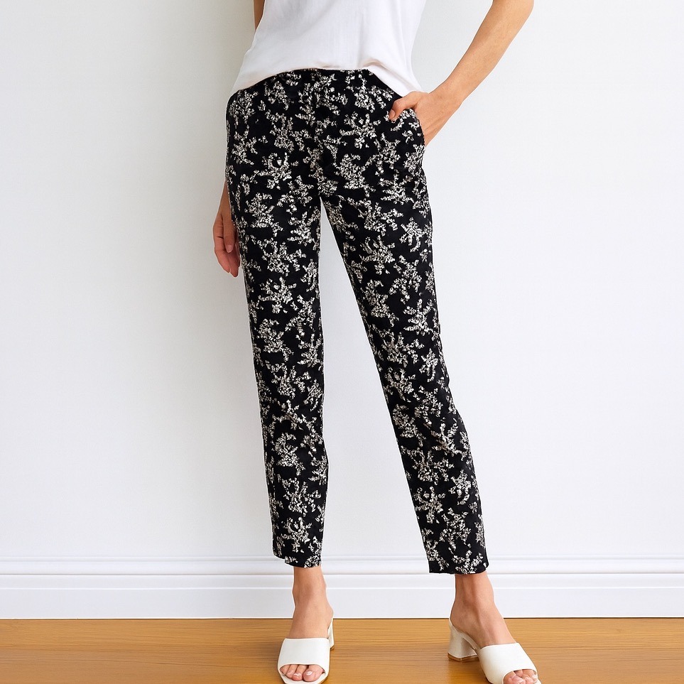 Talbots Black White Brown Floral Chatham Ankle Pants 14 Stretch Side Zip